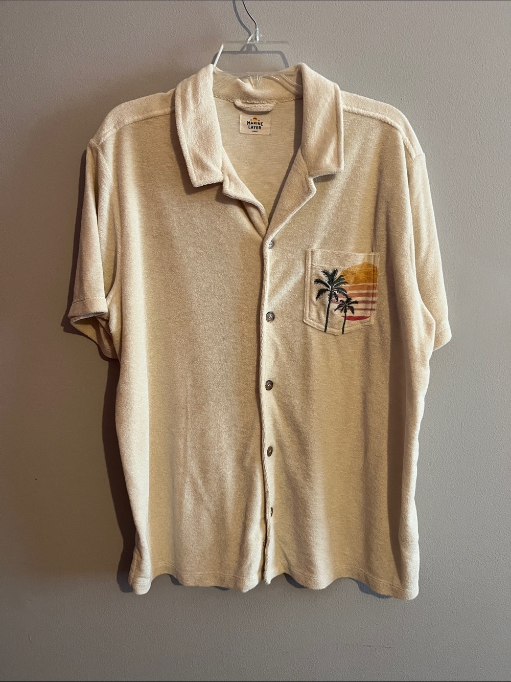 Marine Layer Cream Short-Sleeve Terry Button-Up with Palm Pocket